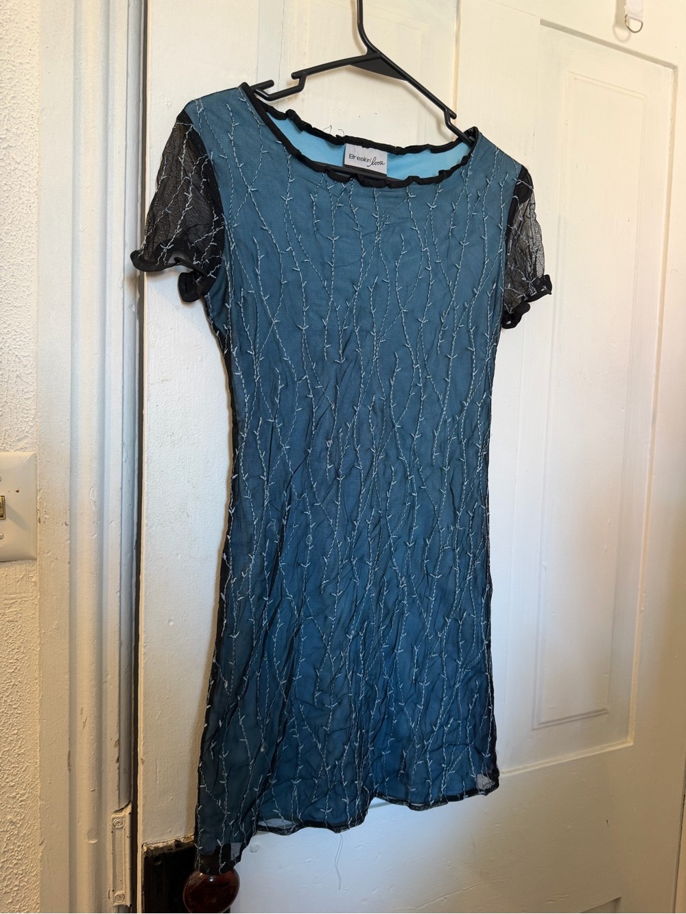 Blue Textured Short Sleeve Dress with Sheer Sleeves